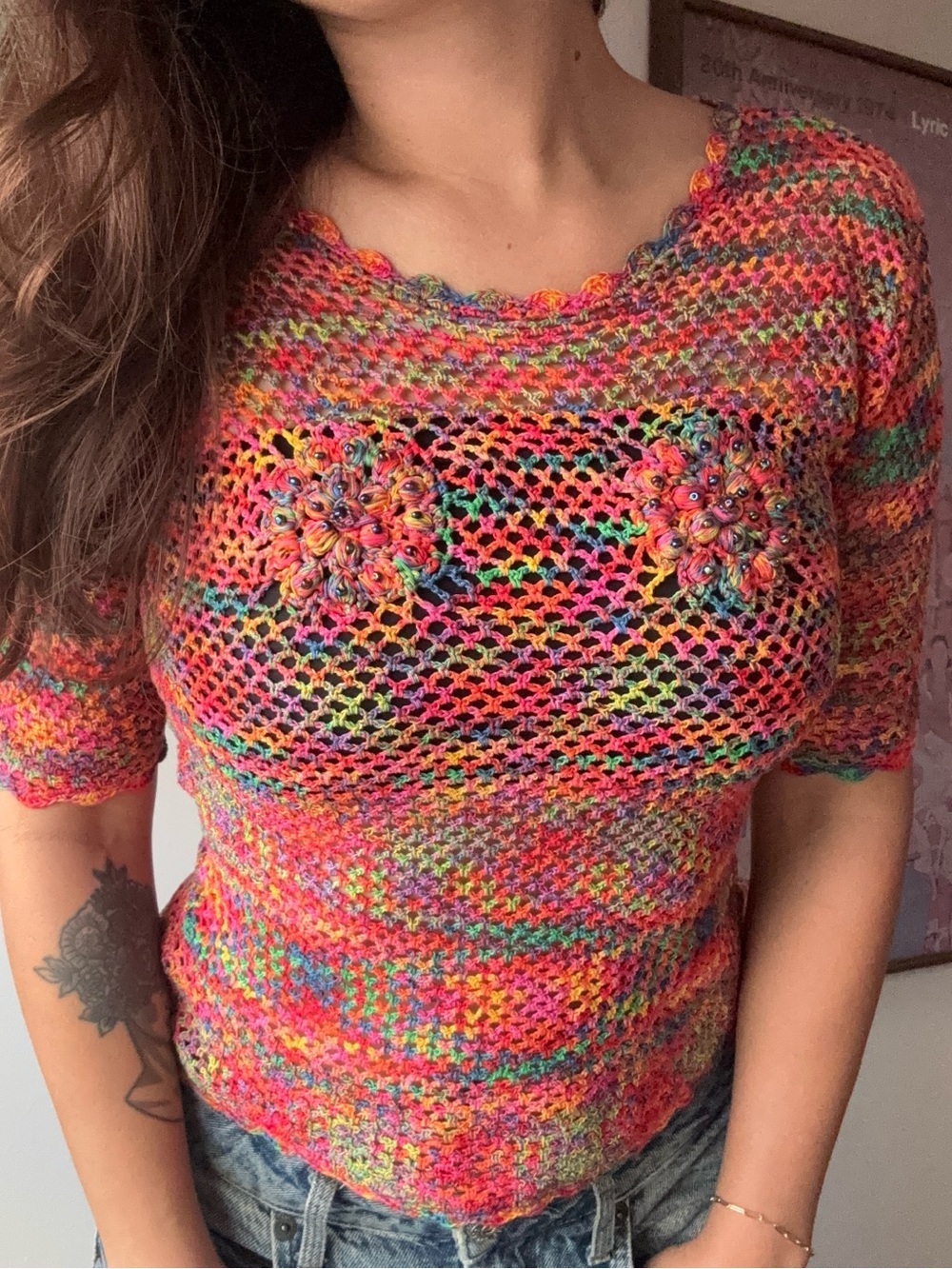Vintage Multicolor Open-Knit Crochet Floral Top – Boho Y2K